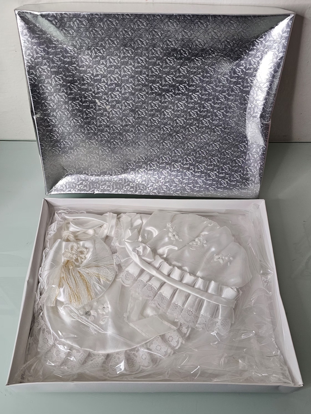 Vintage Japanese Baby Set - White Christening Gown Bonnet Bib Layette